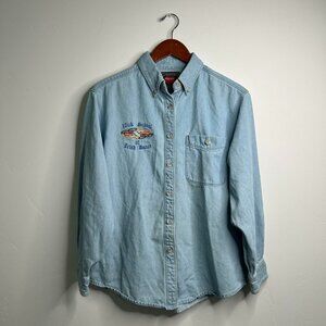 Blue denim button-up shirt with embroidered design size medium